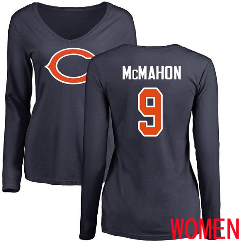 Chicago Bears Navy Blue Women Jim McMahon Name and Number Logo NFL Football #9 Long Sleeve T Shirt->nfl t-shirts->Sports Accessory